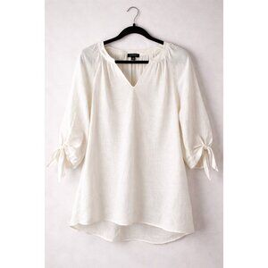 Jones New York Petite Linen Blend Blouse White Tie Sleeve PM